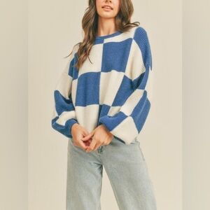 Moon & Madison Blue and White Checkered Knit Sweater – Size L (New with Tag)